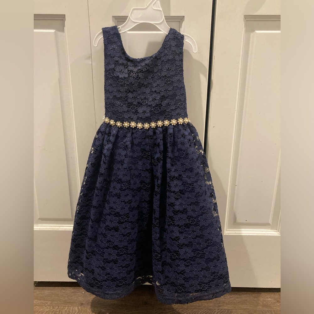 American Princess Navy Lace Flower Belted Party Dress